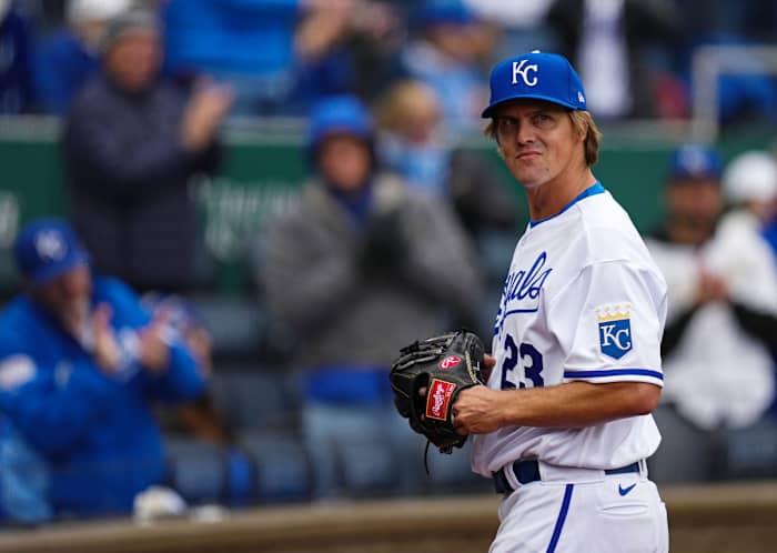 Apr 7, 2022; Kansas City, Missouri, USA; Kansas City Royals starting pitcher Zack Greinke (23) leaves the game during the sixth inning against the Cleveland Guardians at Kauffman Stadium. Mandatory Credit: Jay Biggerstaff-USA TODAY Sports